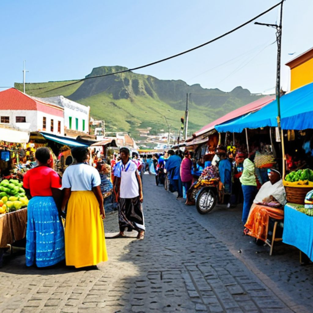 **

"A vibrant marketplace scene in Praia, Santiago, Cape Verde. Focus on local vendors, fully clothed in modest, colorful clothing, selling fresh produce and handicrafts. People are interacting and speaking. Background: bustling market stalls and traditional buildings. Safe for work, appropriate content, perfect anatomy, natural proportions, professional photography, high quality, family-friendly."

**