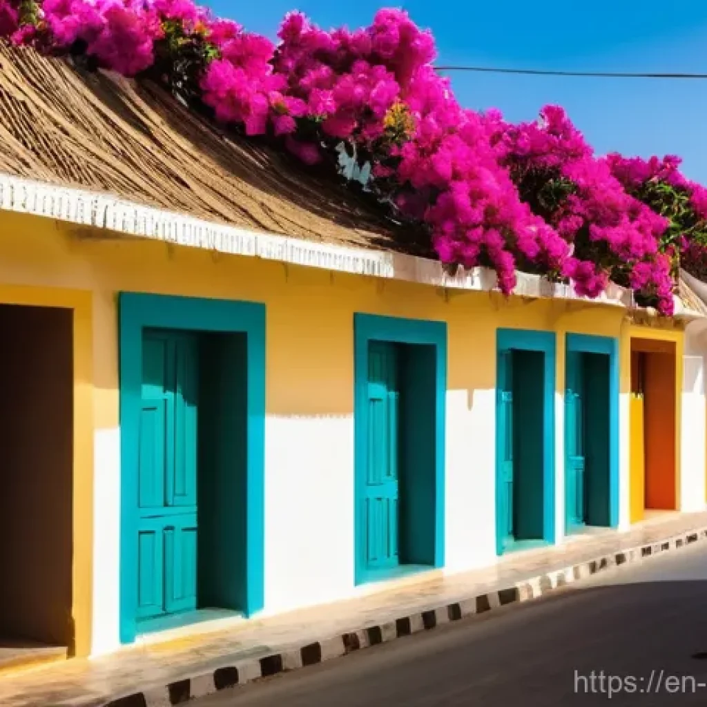 카보베르데 현지 생활비 - A vibrant street scene in Santa Maria, Sal, Cape Verde. In the foreground, a modern, cozy two-bedroo...