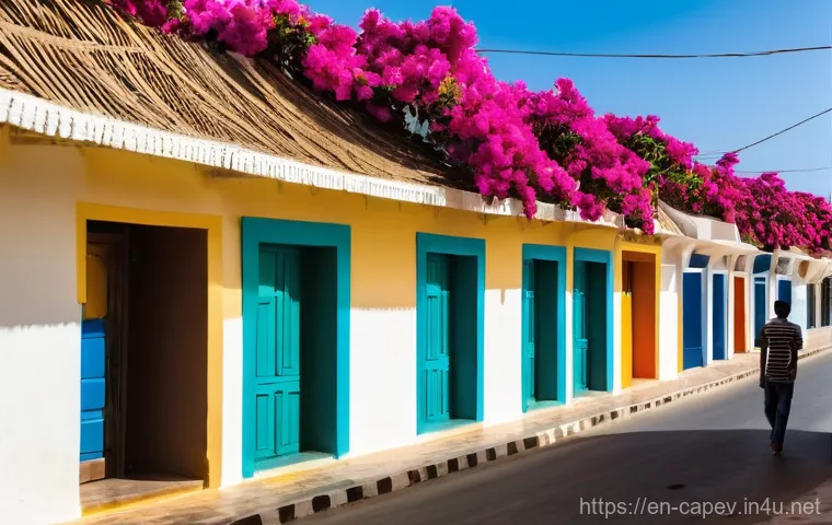 카보베르데 현지 생활비 - A vibrant street scene in Santa Maria, Sal, Cape Verde. In the foreground, a modern, cozy two-bedroo...