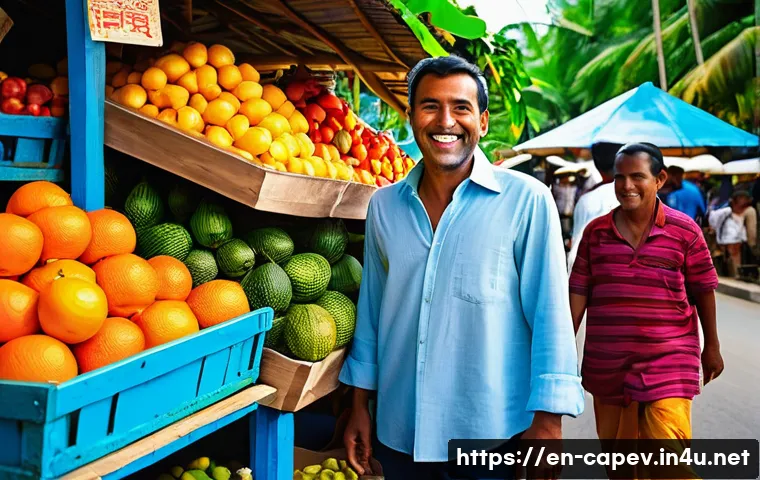 카보베르데 제루미 카보 - **"Morabeza" Island Welcome:** A vibrant, sun-drenched scene depicting a bustling local market on a ...