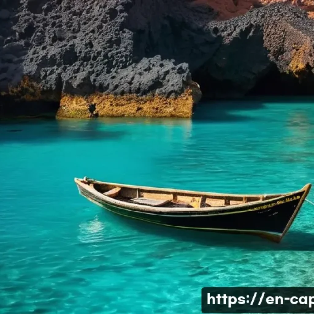 카보베르데 낚시 투어 - A serene early morning scene at a secluded volcanic bay in Cabo Verde, featuring a small wooden &ldquo;bat...