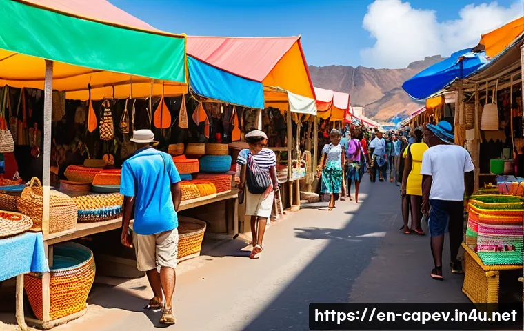 카보베르데 여행자 대상 범죄 - A vibrant street market scene in Cape Verde during daytime, featuring diverse tourists browsing colo...