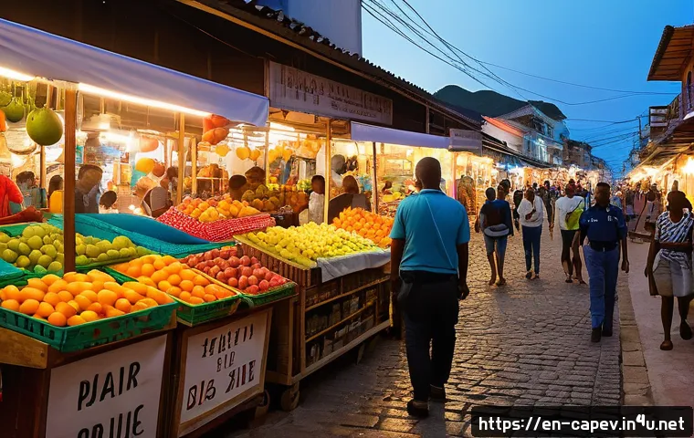 카보베르데 범죄율 및 위험지역 - A vibrant street scene in Praia&rsquo;s market district during early evening, showing a diverse crowd of t...