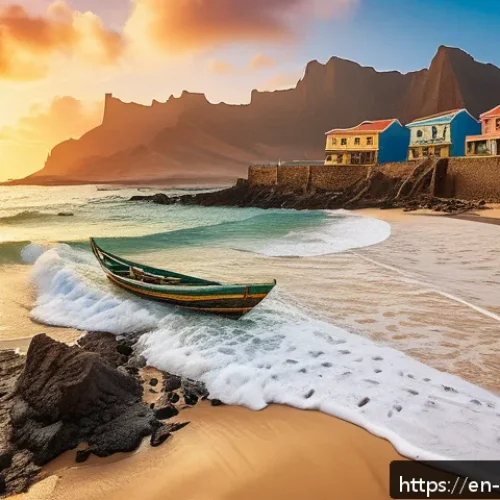 카보베르데 기후 변화 영향 - A vibrant coastal scene of Cabo Verde showing an eroding shoreline with local fishermen in tradition...