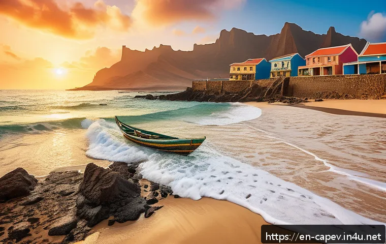 카보베르데 기후 변화 영향 - A vibrant coastal scene of Cabo Verde showing an eroding shoreline with local fishermen in tradition...