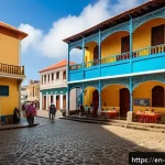카보베르데 포르투갈 식민 역사 - A vibrant street scene in Cidade Velha, Cape Verde, showcasing Portuguese colonial architecture with...