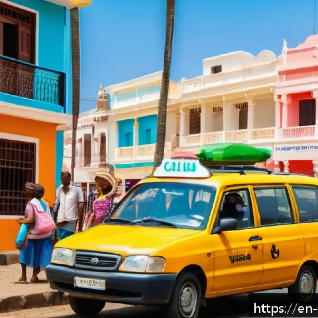 카보베르데 택시 이용법 - A vibrant street scene in Cabo Verde showing a shared taxi (&ldquo;aluguer&rdquo;) picking up multiple passenger...