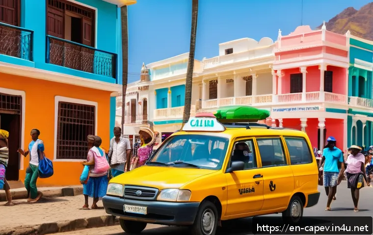 카보베르데 택시 이용법 - A vibrant street scene in Cabo Verde showing a shared taxi (&ldquo;aluguer&rdquo;) picking up multiple passenger...