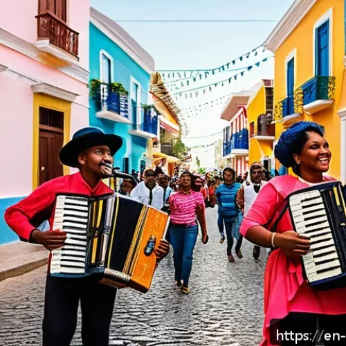 카보베르데 민족 구성 - A vibrant street festival scene in Mindelo, S&atilde;o Vicente, showcasing Cabo Verdean culture: colorful t...