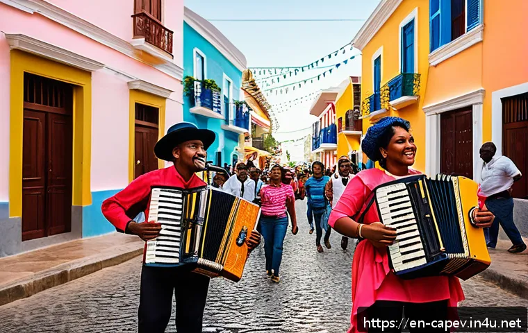 카보베르데 민족 구성 - A vibrant street festival scene in Mindelo, S&atilde;o Vicente, showcasing Cabo Verdean culture: colorful t...