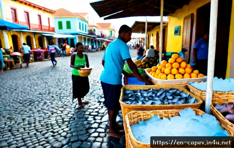 카보베르데 시장 탐방 - Photorealistic morning exploration of a lively open-air market in Praia, Cabo Verde, a friendly loca...