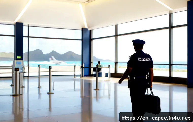 카보베르데 입국 절차 - Photorealistic international airport arrival hall in Cabo Verde, a relaxed adult traveler at a clean...